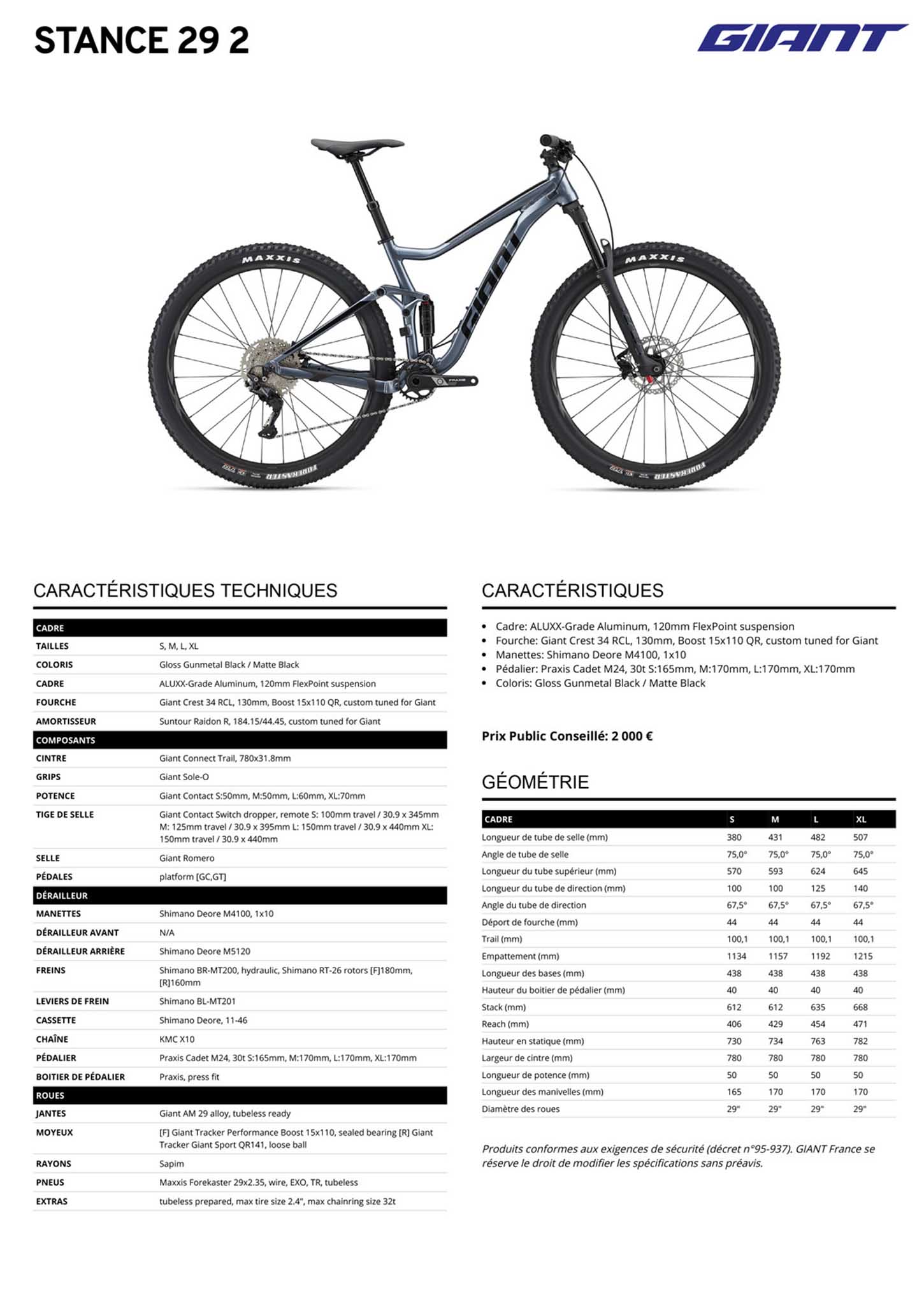 Fiche technique du velo Stance 29 2 année 2022